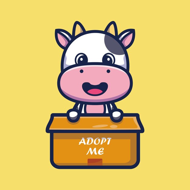 Cute cow in box cartoon character vector illustration Animal icon concept isolated premium vector