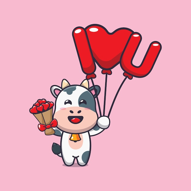 Cute cow cartoon character holding love balloon and love flowers