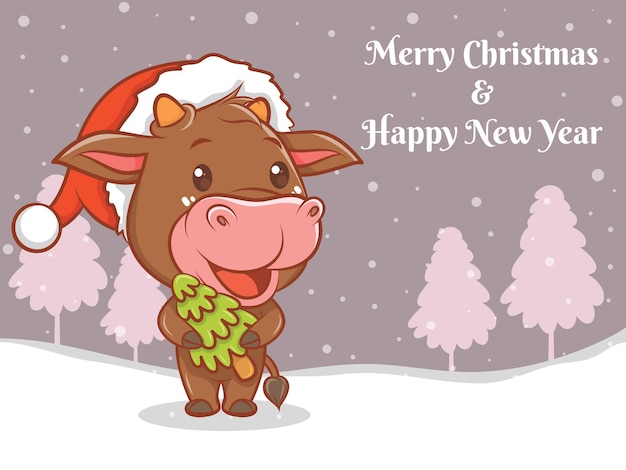 Vettore simpatico personaggio dei cartoni animati di mucca con banner di auguri di buon natale e felice anno nuovo