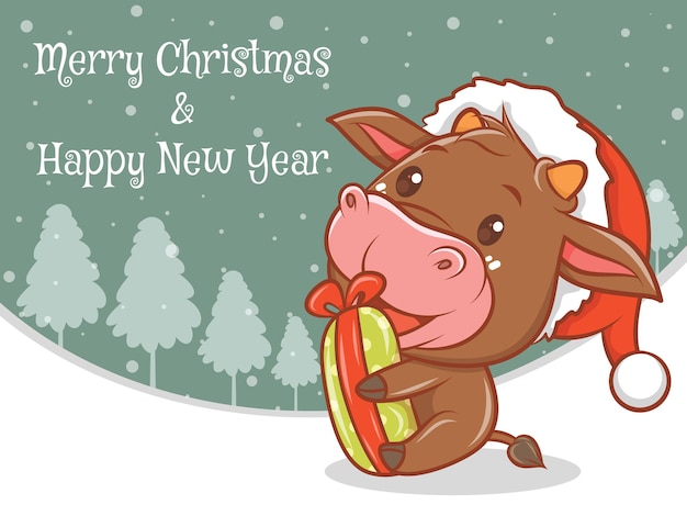 Vettore simpatico personaggio dei cartoni animati di mucca con banner di auguri di buon natale e felice anno nuovo