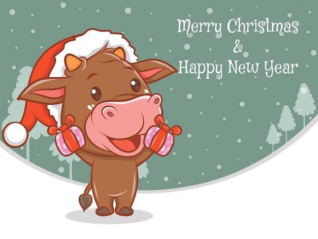 Simpatico personaggio dei cartoni animati di mucca con banner di auguri di buon natale e felice anno nuovo