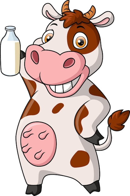 Cute cow cartoon holding milk bottle