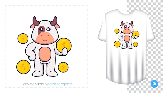 Cute cow character. Prints on T-shirts, sweatshirts, cases for mobile phones, souvenirs.