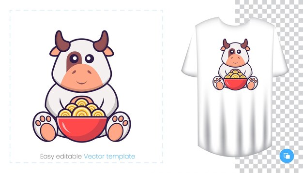 Cute cow character. Prints on T-shirts, sweatshirts, cases for mobile phones, souvenirs.