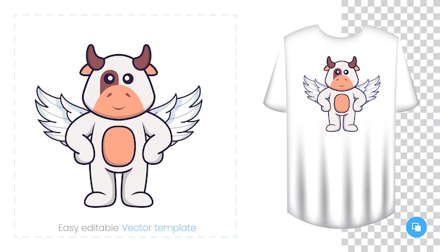 Cute cow character. Prints on T-shirts, sweatshirts, cases for mobile phones, souvenirs.