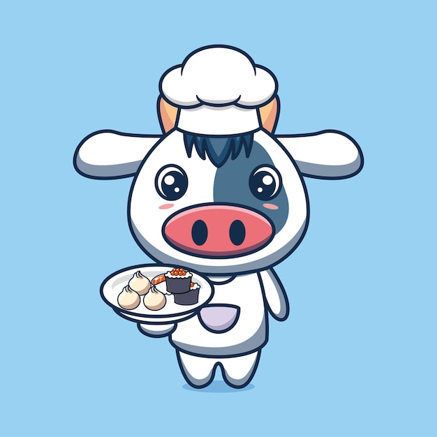 일본 음식을 가져오는 귀여운 소 요리사 만화 캐릭터