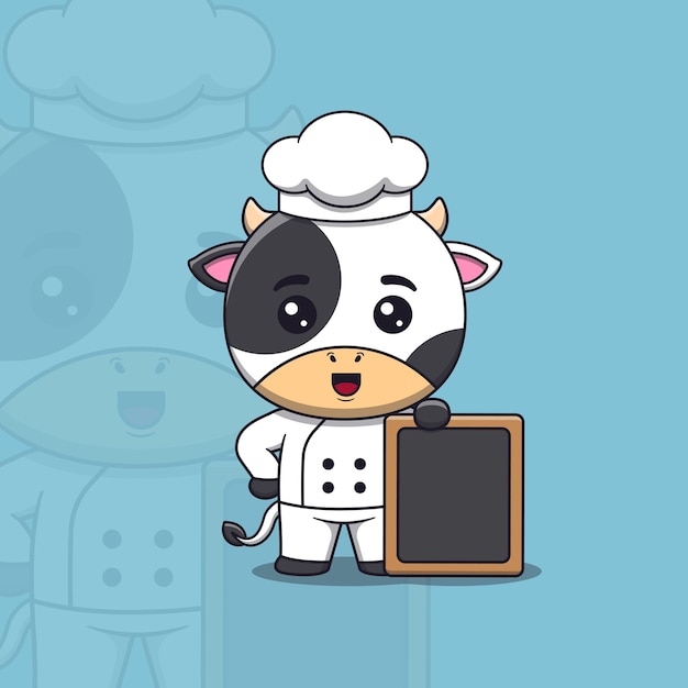 Cute cow chef standing beside an empty signboard