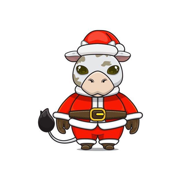 Симпатичная корова в рождественском костюме, мультяшное животное в костюме санта-клауса, вид спереди
