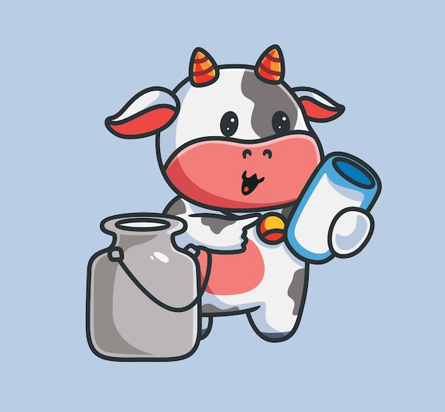 かわいい牛は新鮮な牛乳を飲む孤立した漫画動物自然イラストフラットスタイルステッカーアイコンデザイン
