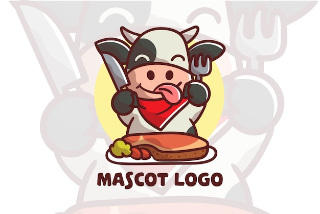 Cute cow eat steak mascot logo