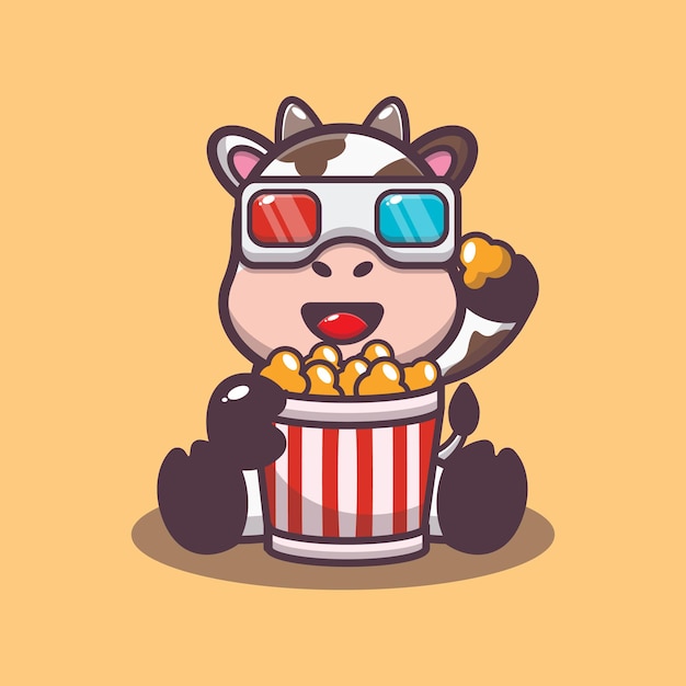 Mucca carina che mangia popcorn e guarda film in 3d