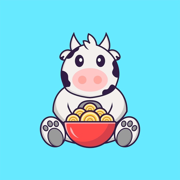 Cute cow eating ramen noodles animal cartoon concept isolated