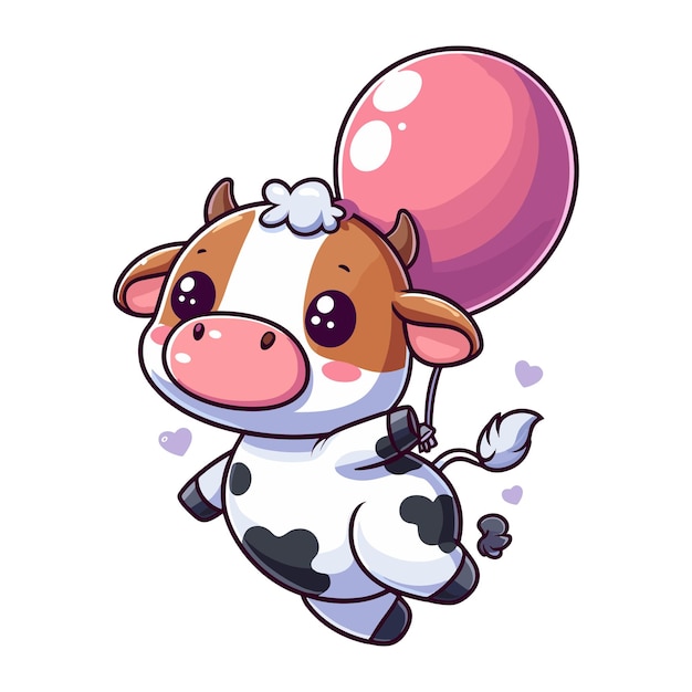 Vector cute cow floating with balloon cartoon illustration on white background