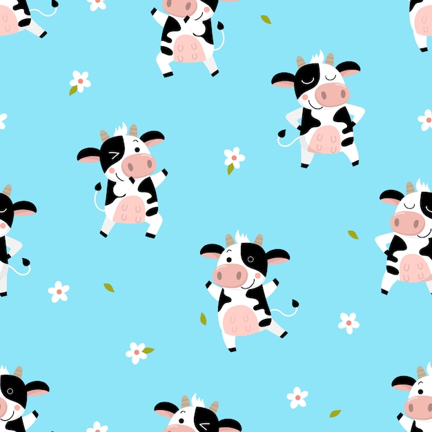 Cute cow and flower seamless pattern.