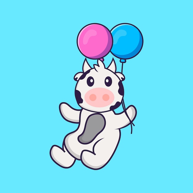 Cute cow flying with two balloons. Animal cartoon concept isolated.