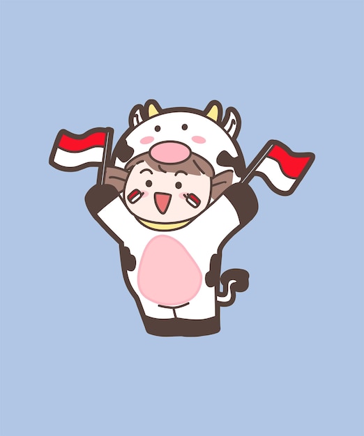 cute cow girl holding indonesian flag