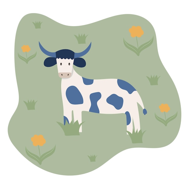 cute cow on a green spot with flowers