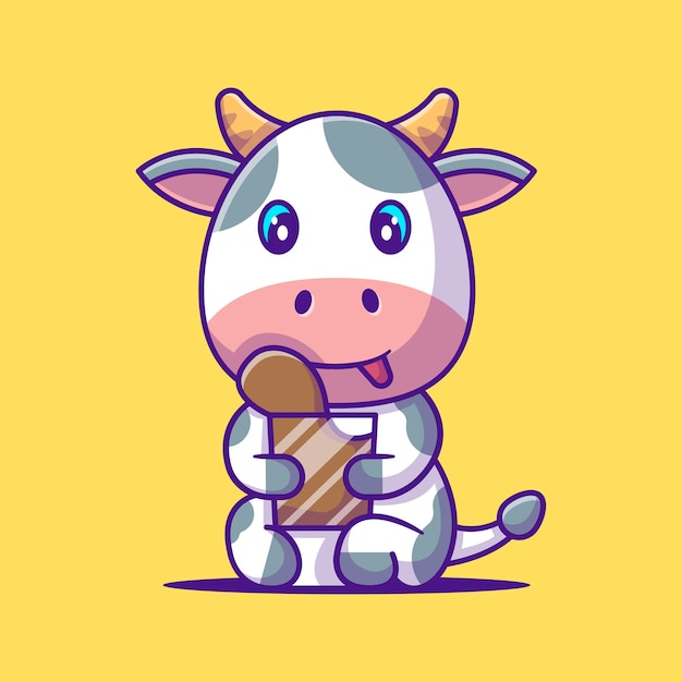 Mucca sveglia che tiene l'illustrazione del fumetto del latte al cioccolato. concetto di stile del fumetto piatto animale