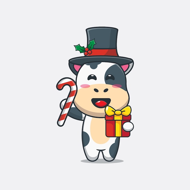 Cute cow holding christmas candy and gift Cute christmas cartoon illustration