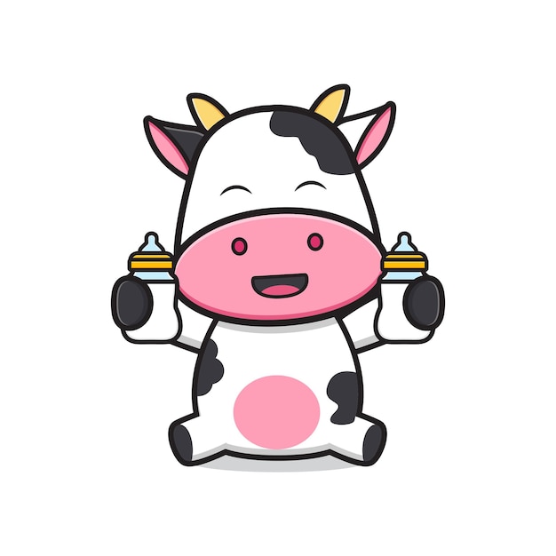 Vector cute cow holding milk bottle pacifier cartoon icon illustration