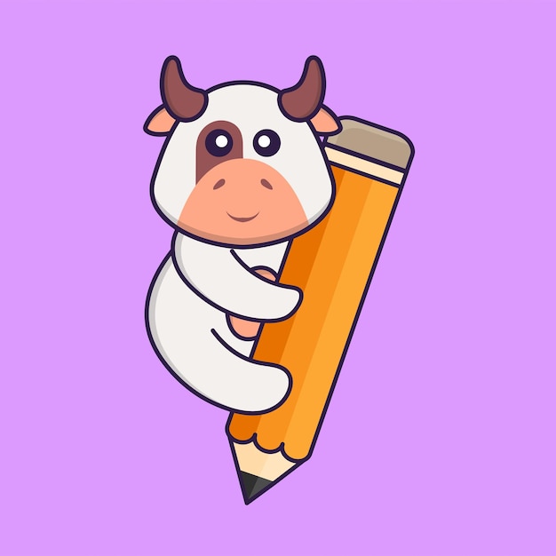 Cute cow holding a pencil. Animal cartoon concept isolated.