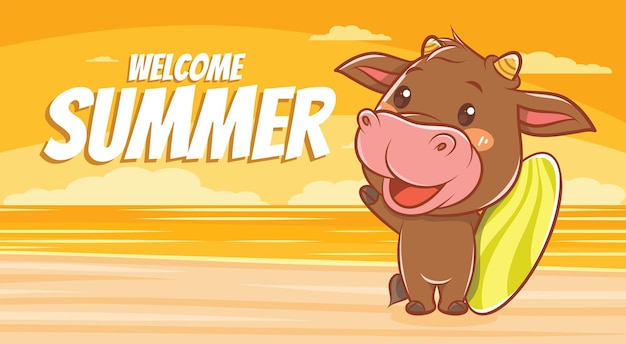 cute cow holding surfing board with a summer greeting banner