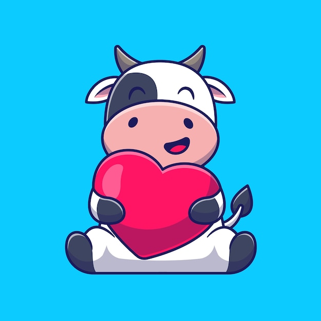 かわいい牛抱擁愛の心漫画アイコンイラスト。