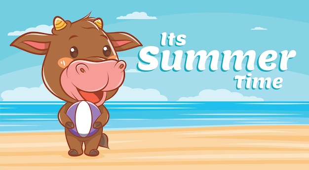 cute cow hugging beach ball with a summer greeting banner