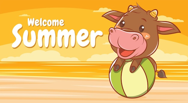 cute cow hugging beach ball with a summer greeting banner