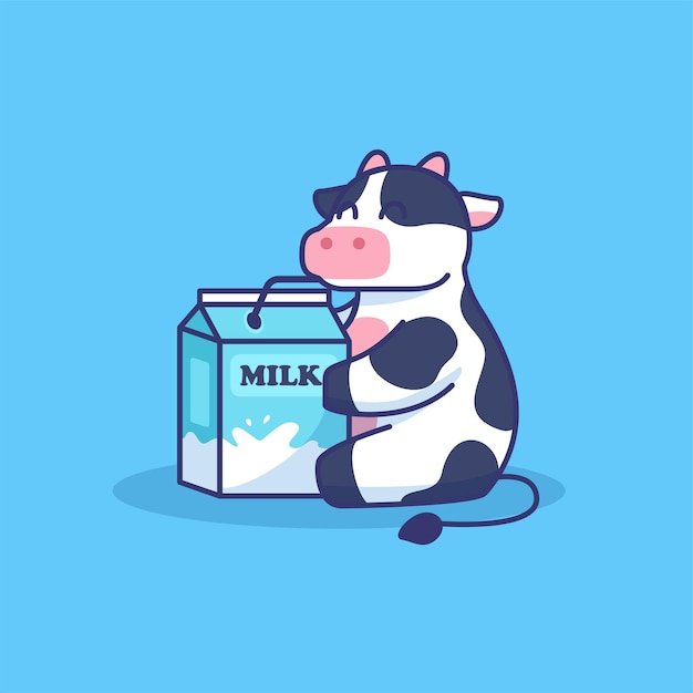 Vettore mucca carina che abbraccia e beve latte