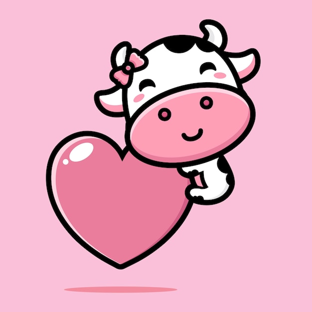 Mucca carina che abbraccia un cuore d'amore