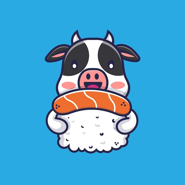 Cute cow hugging sushi cartoon illustration