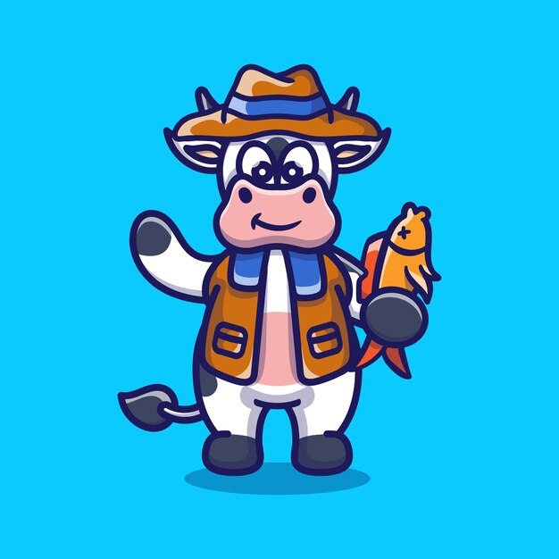 Cute cow illustration catching fish