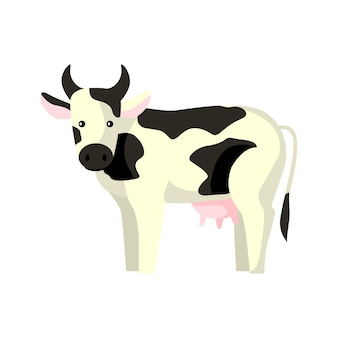 Mucca carina isolata su sfondo bianco. colore bianco e nero dell'azienda agricola del personaggio dei cartoni animati divertente. animale piatto per qualsiasi scopo design. illustrazione vettoriale.