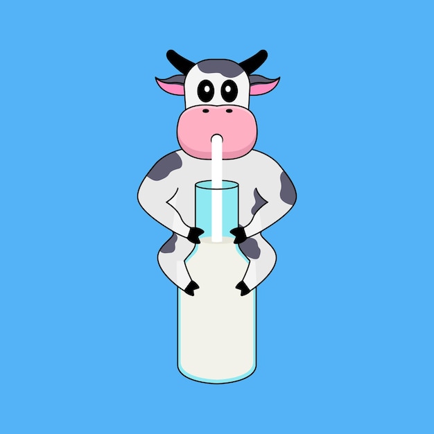 Vector cute cow mascot drinking milk on a milk bottle of illustration vector