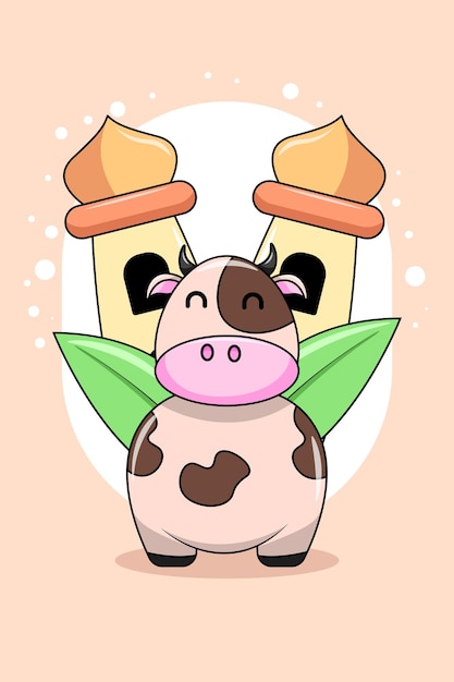 Vector cute cow and mosque cartoon illustration