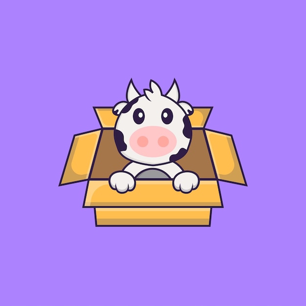 ボックスで遊ぶかわいい牛。分離された動物漫画の概念。