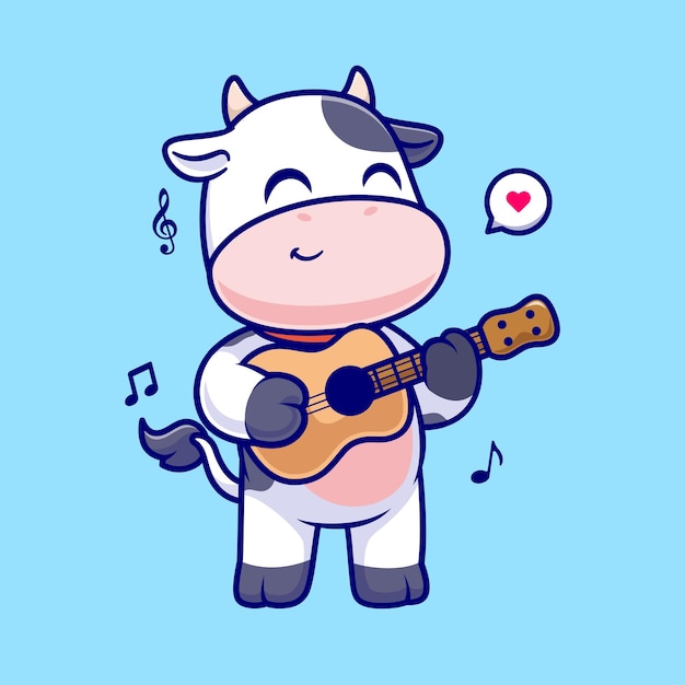 Cute Cow Playing Guitar Cartoon Vector Icon Illustration Animal Music Icon Concept Isolated Flat