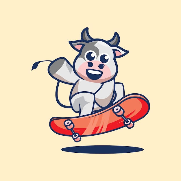 Cute cow playing skateboard mascot cartoon illustration