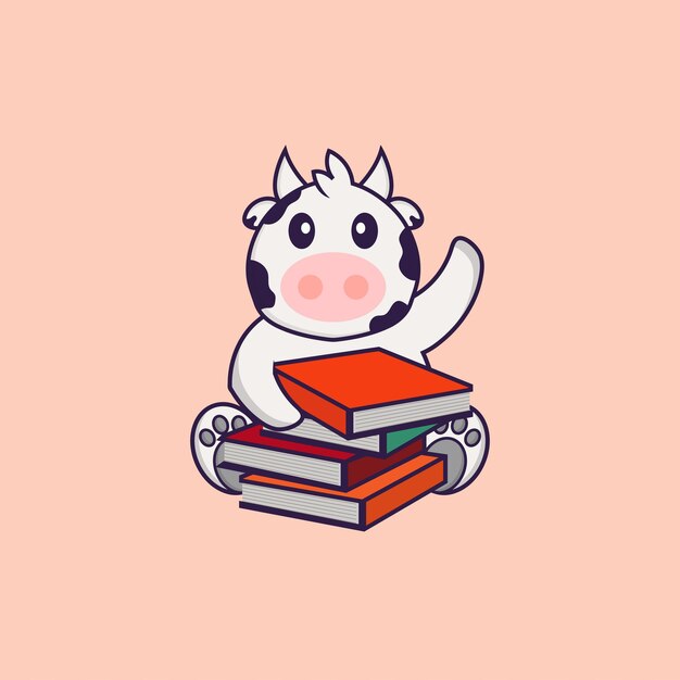 Cute cow reading a book. Animal cartoon concept isolated.