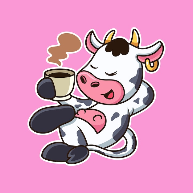 かわいい牛はコーヒー漫画でリラックスするプレミアムベクトルに分離された動物ベクトルアイコンイラスト