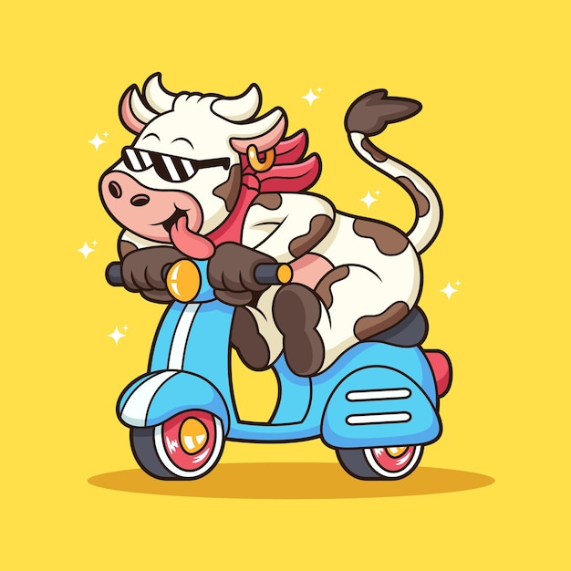 Vector cute cow riding scooter cartoon animal vector icon illustration isolated on premium vector