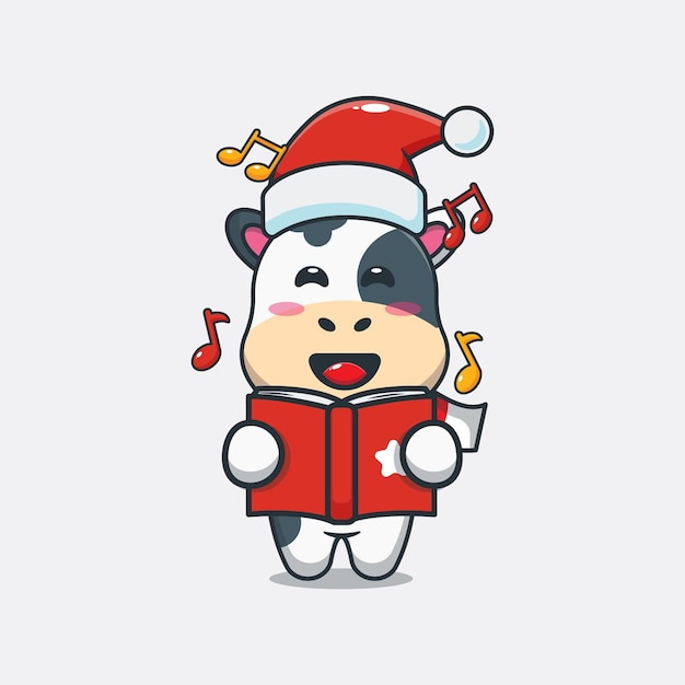 かわいい牛がクリスマスソングを歌うかわいいクリスマス漫画イラスト