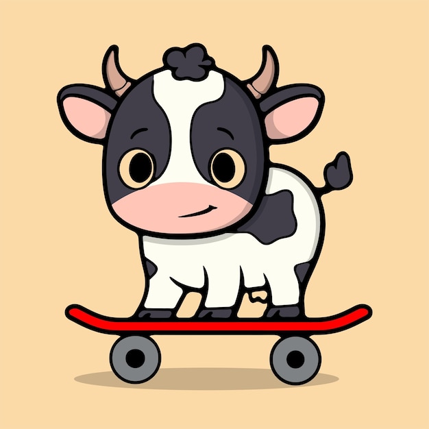 cute cow skateboarding vector illustration 1