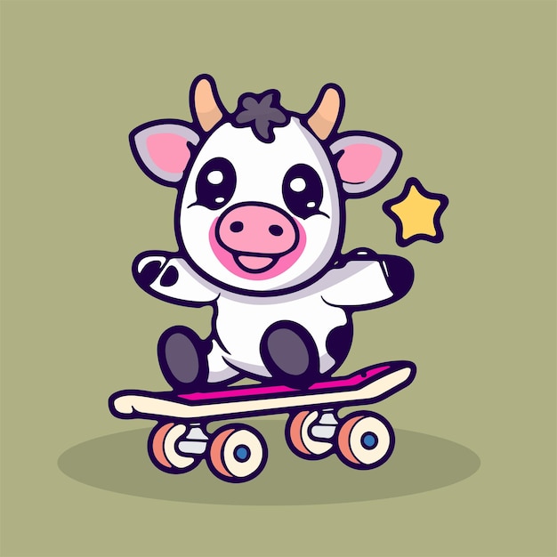 cute cow skateboarding vector illustration 8