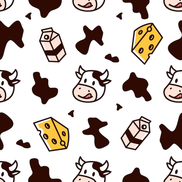 Cute cute mucca segno sfondo senza soluzione di pattern con latte e formaggio icona illustrazione vettoriale