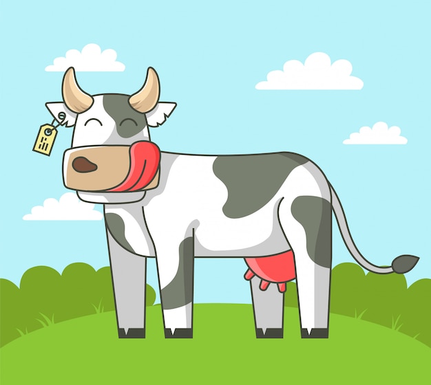 cute cow stands on the field in the village. illustration