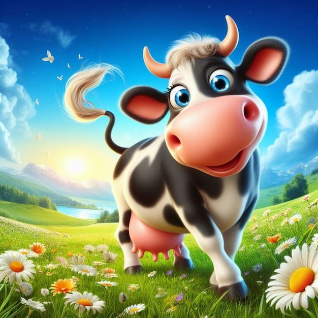 Cute cow stands on the grass