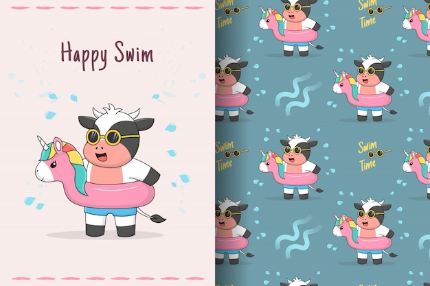 Cute cow swimming with rubber unicorn seamless pattern and card