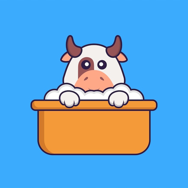 Милая корова принимает ванну в ванне. концепция животных мультфильм изолированы.
